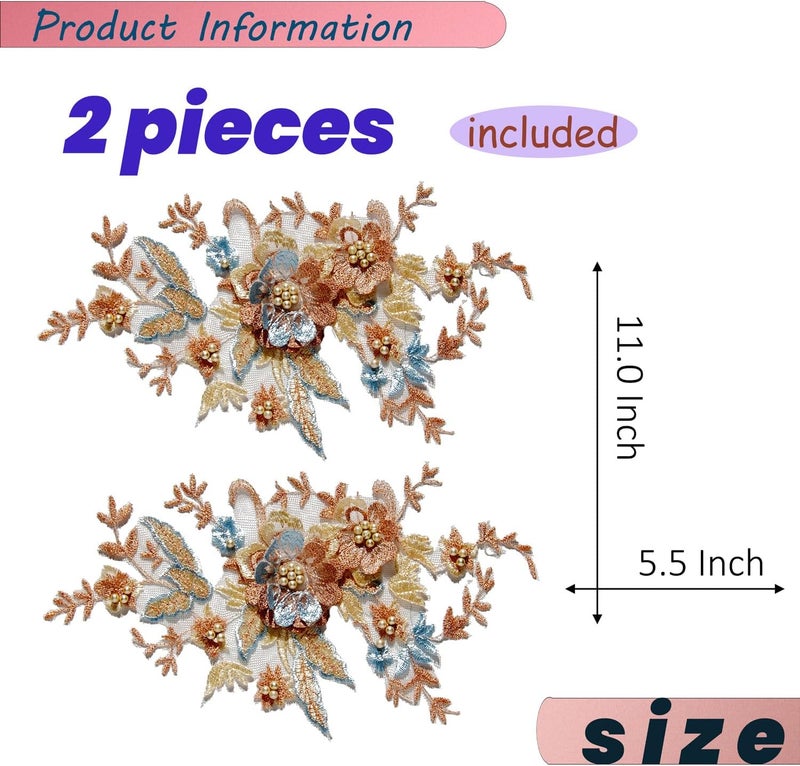 Silvora 2 PCS Flower Fabric Beaded Pearl Lace Applique, 3D Embroidered Patch for Dresses,Handmade Sewing Tool for DIY Neckline Bodice Pants(Gold) - Image 2